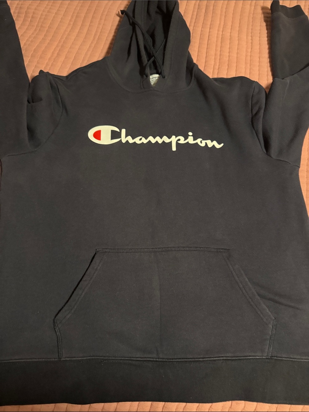 Champion Black Hoodie with Cream Script and Red Logo Accent